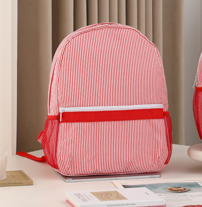 Seersucker Stripe School Backpack For Kids - L_Red