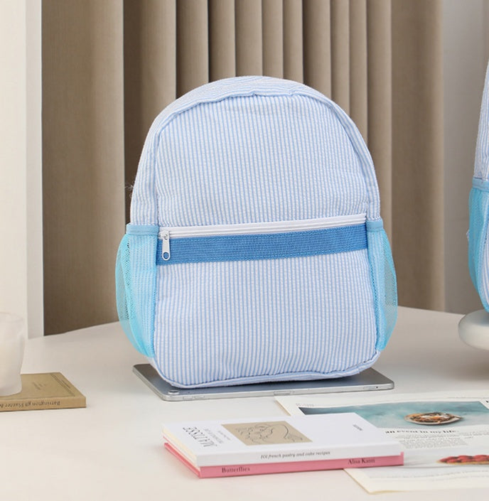Seersucker Stripe School Backpack For Kids - S_Blue