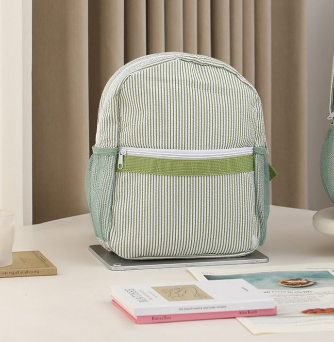 Seersucker Stripe School Backpack For Kids - S_Green