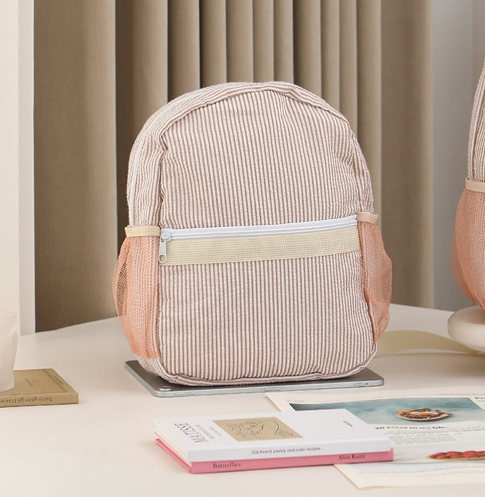Seersucker Stripe School Backpack For Kids - S_Khaki
