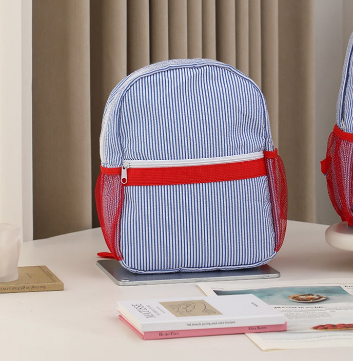 Seersucker Stripe School Backpack For Kids - S_Navy