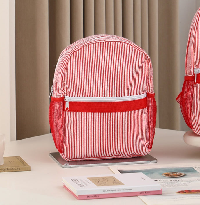 Seersucker Stripe School Backpack For Kids - S_Red
