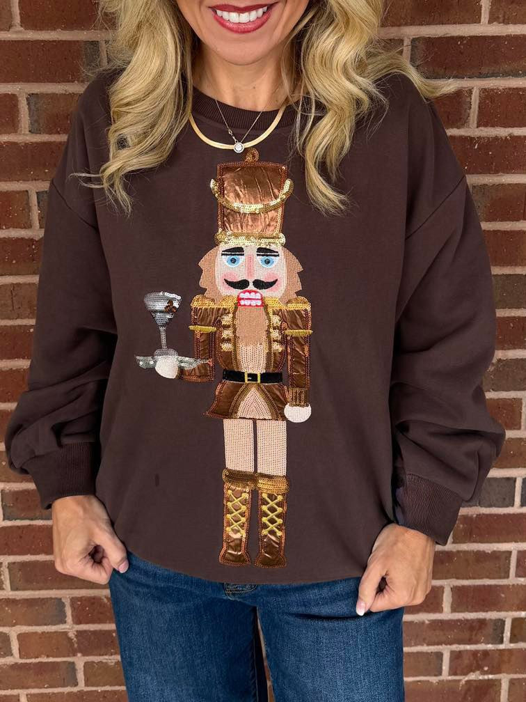 Holiday Sequin Toy Soldier Graphic Sweatshirt - Brown