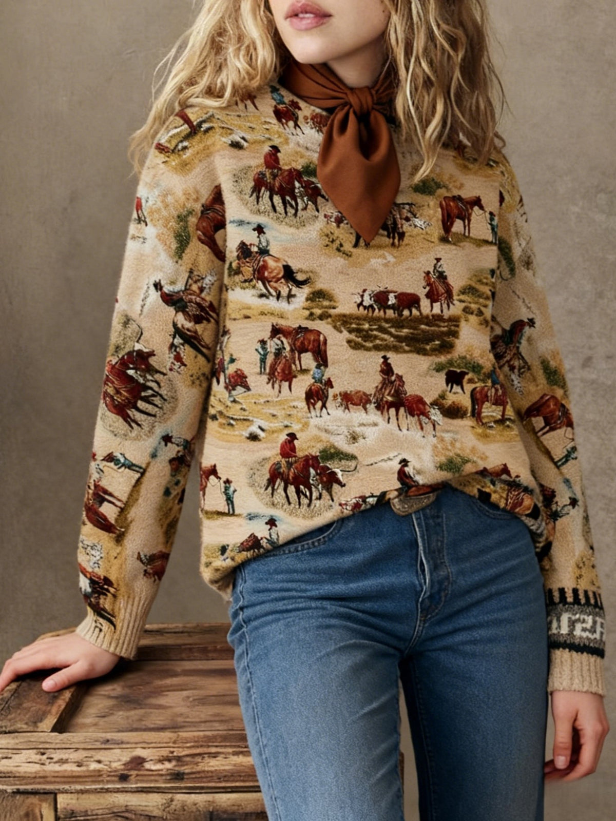 Western Horse Print Long Sleeve Knit Top - cowboy