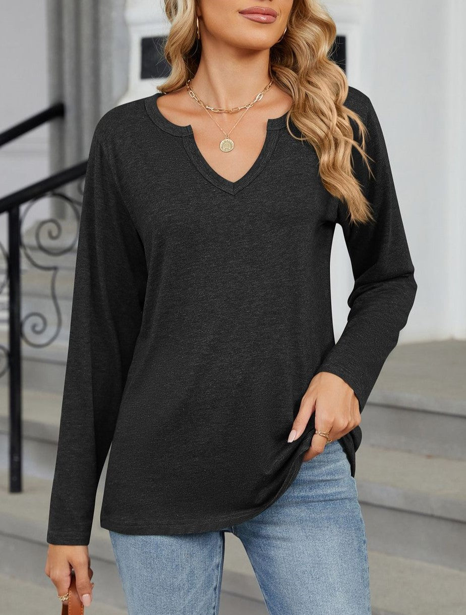 Notch V Neck Long Sleeve Tunic Tee - Black