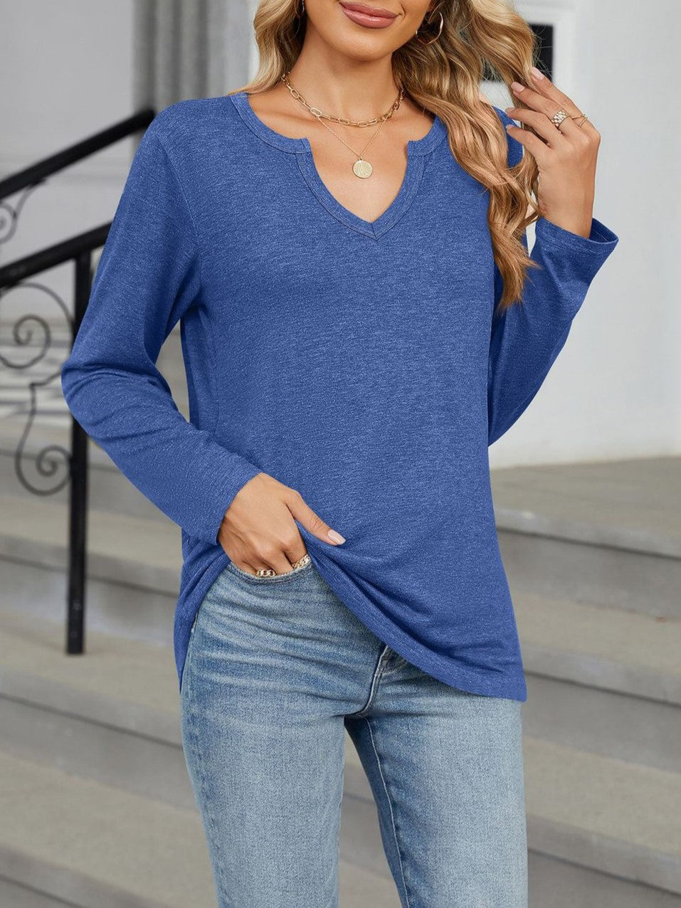 Notch V Neck Long Sleeve Tunic Tee - Blue - 1