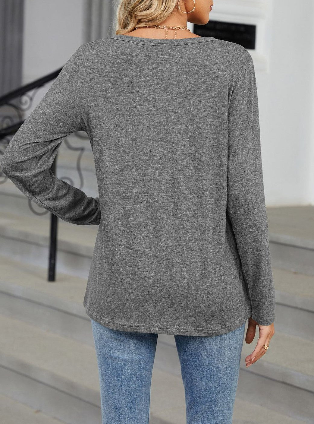 Notch V Neck Long Sleeve Tunic Tee - Grey - 1