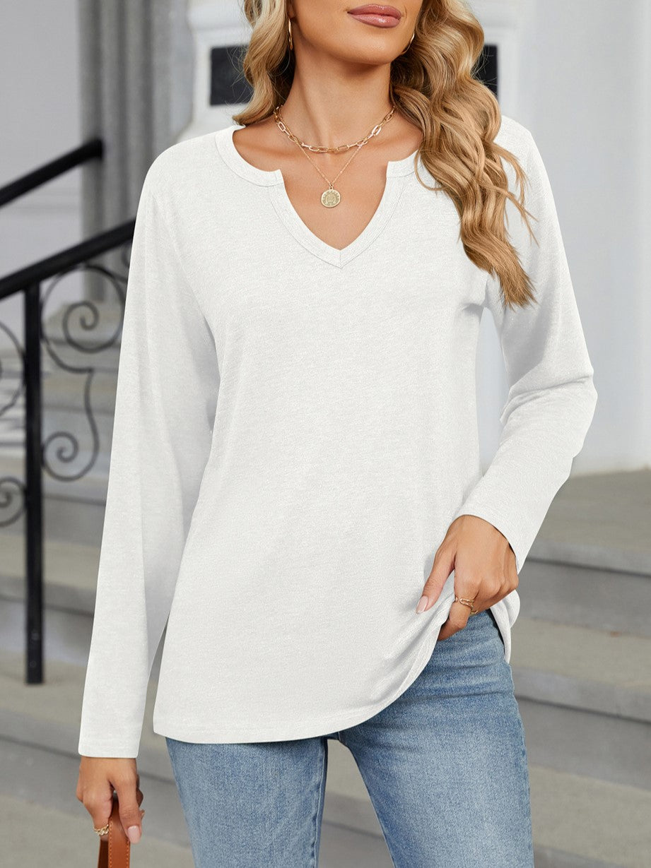 Notch V Neck Long Sleeve Tunic Tee - White - 1