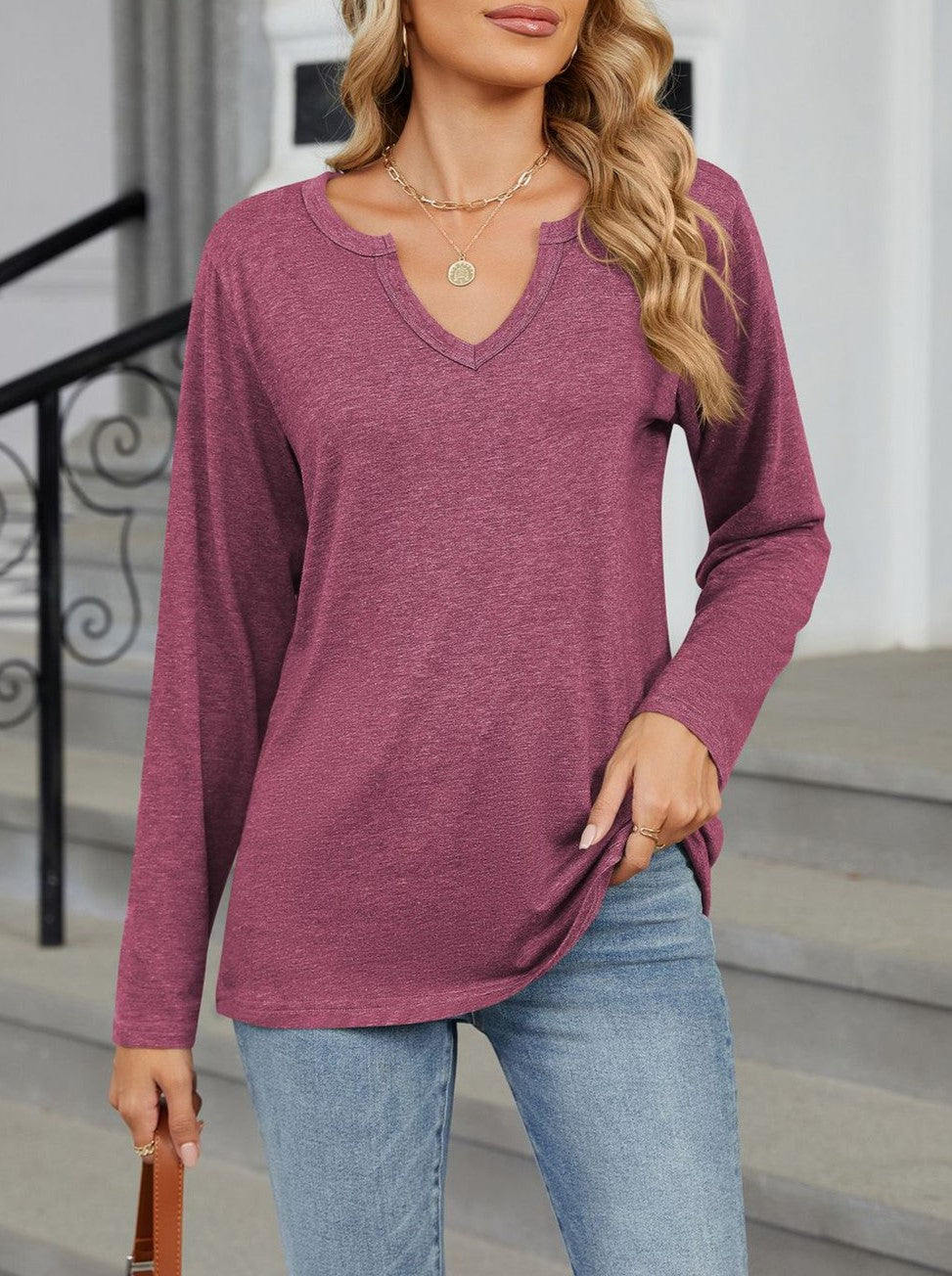 Notch V Neck Long Sleeve Tunic Tee - Winered