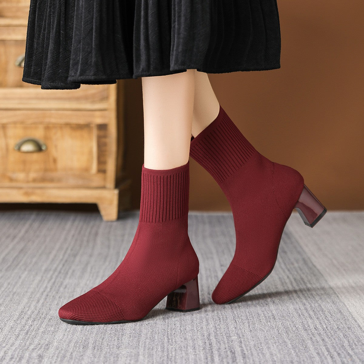 Stretch Knit Square Toe Block Heel Sock Boots
