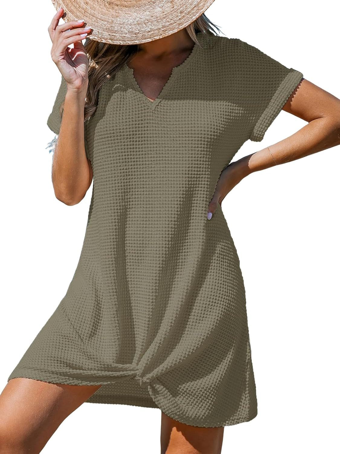 Waffle Knit Twist Hem Swim Cover Up Dress - ArmyGreen