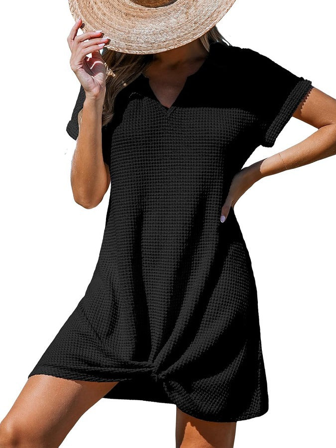 Waffle Knit Twist Hem Swim Cover Up Dress - Black