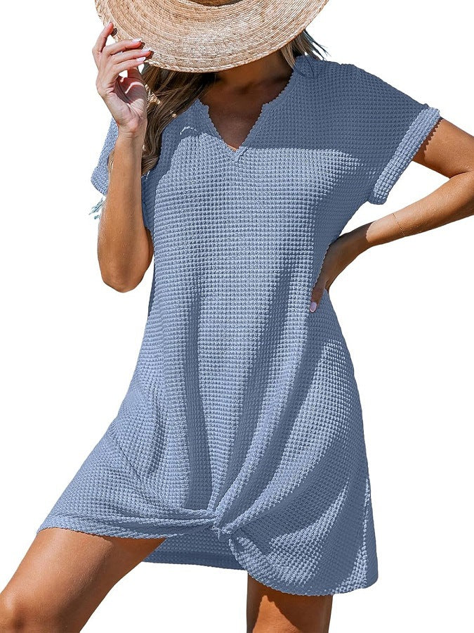 Waffle Knit Twist Hem Swim Cover Up Dress - Blue