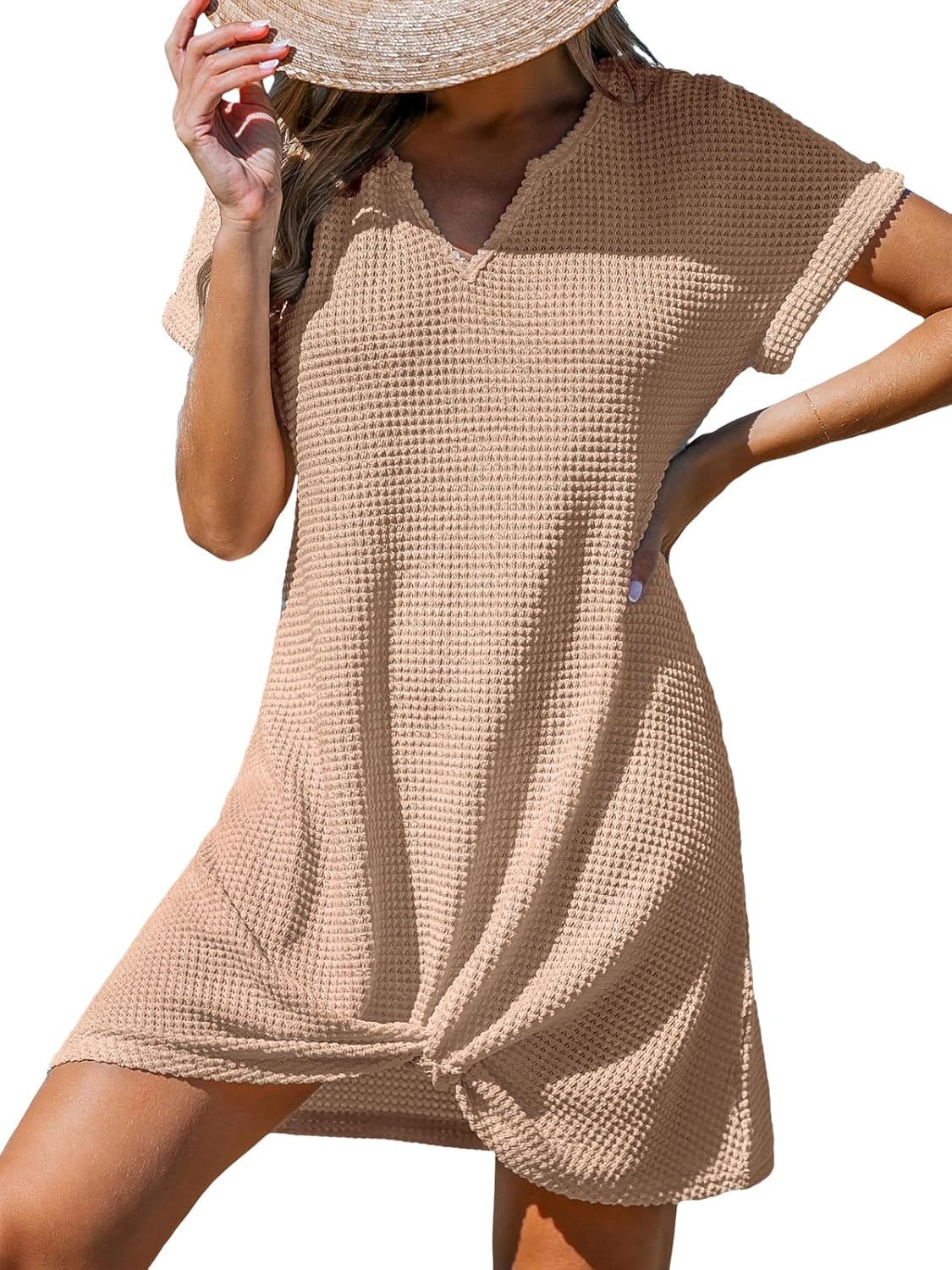 Waffle Knit Twist Hem Swim Cover Up Dress - Khaki