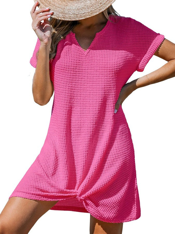 Waffle Knit Twist Hem Swim Cover Up Dress - Rose