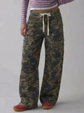 Oversized Denim Cargo Pants With Drawstring Waist - Leopard