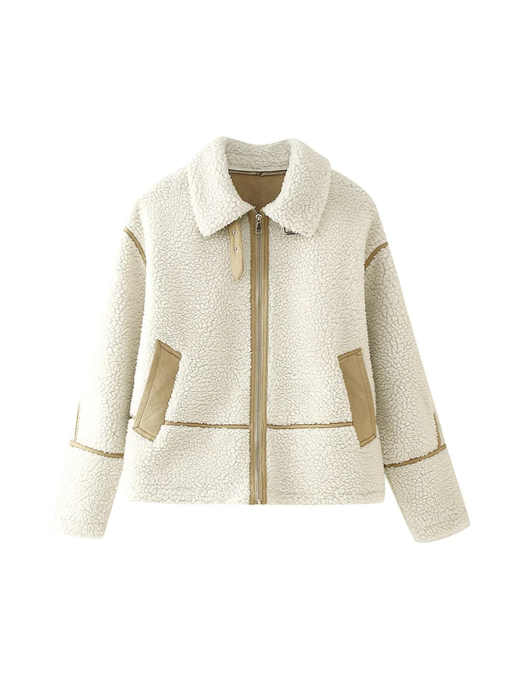 Faux Shearling Panelled Zip Jacket - White
