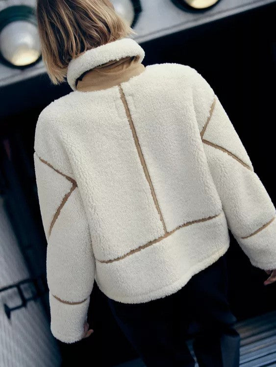 Faux Shearling Panelled Zip Jacket - White - 8