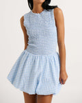 Smocked Gingham Bubble Hem Mini Dress - Blue