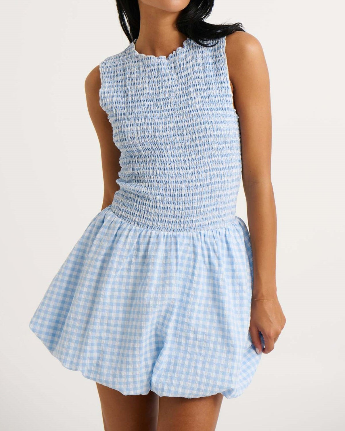 Smocked Gingham Bubble Hem Mini Dress - Blue