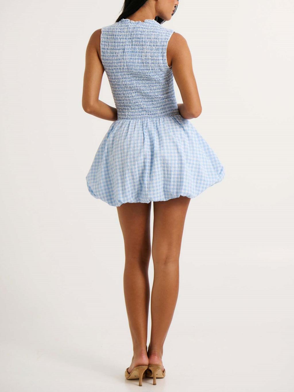 Smocked Gingham Bubble Hem Mini Dress - Blue - 1