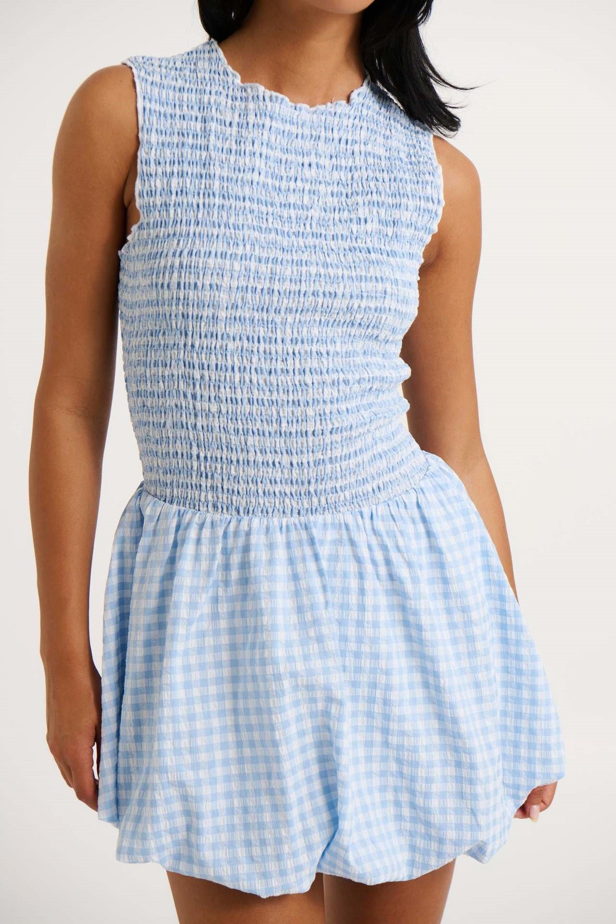 Smocked Gingham Bubble Hem Mini Dress - Blue - 2