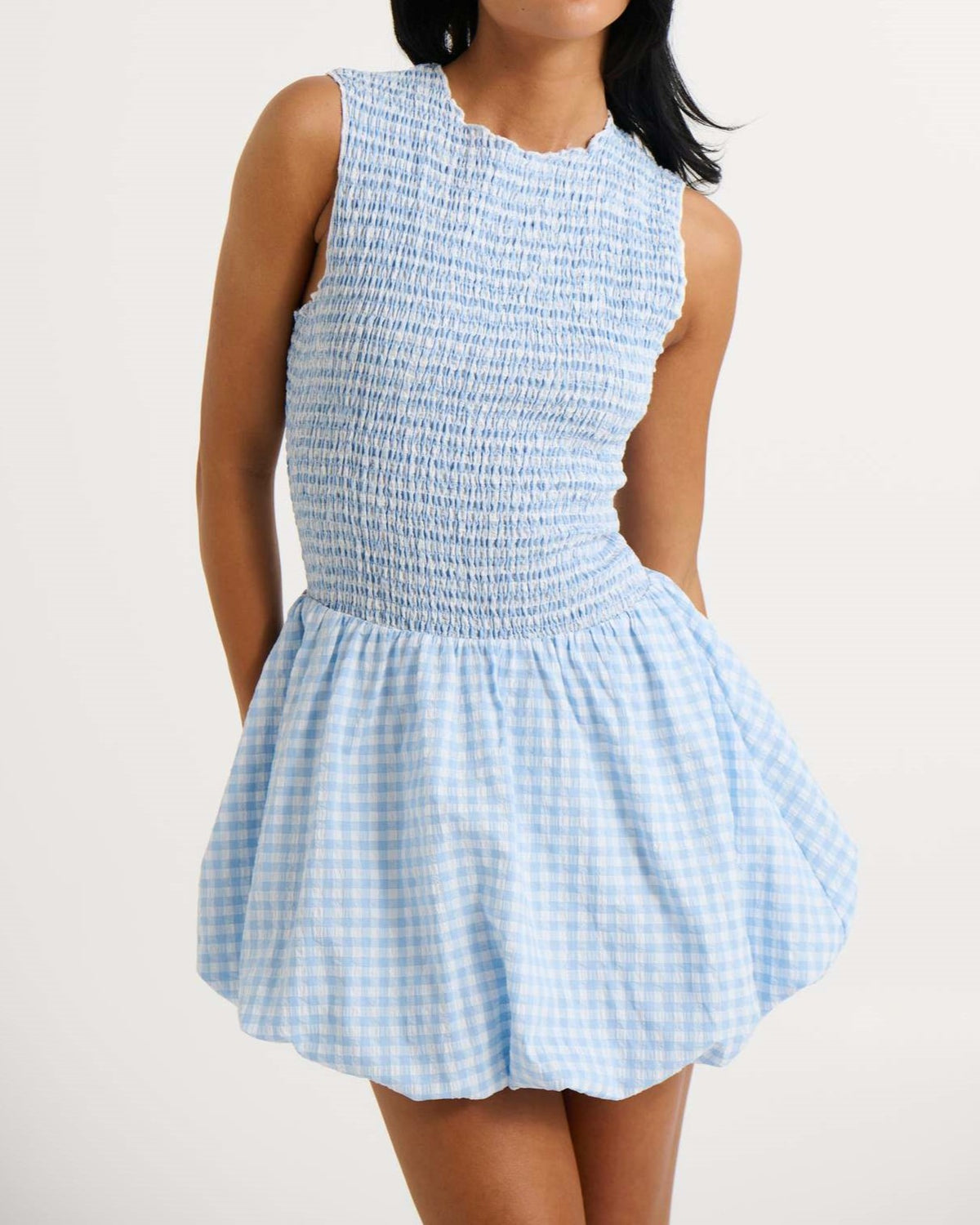 Smocked Gingham Bubble Hem Mini Dress - Blue - 3