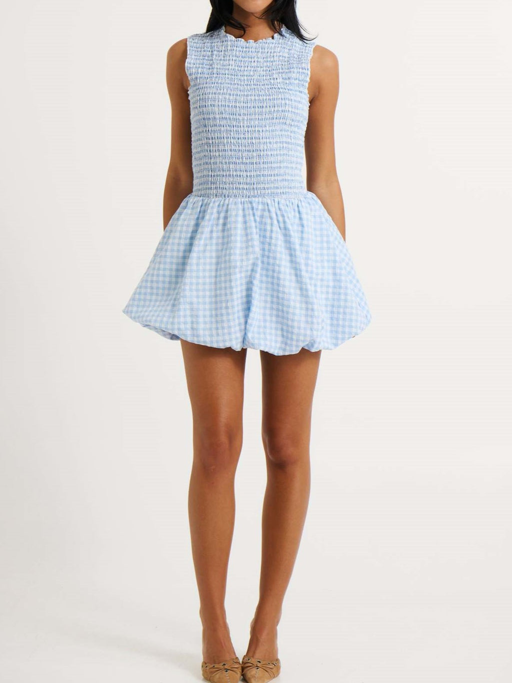 Smocked Gingham Bubble Hem Mini Dress - Blue - 4