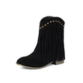 Faux Suede Fringe Low Heel Ankle Boots - Black