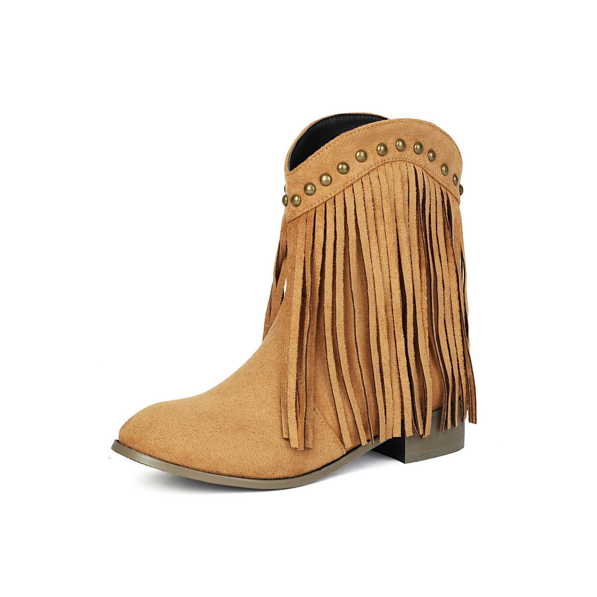 Faux Suede Fringe Low Heel Ankle Boots - Camel