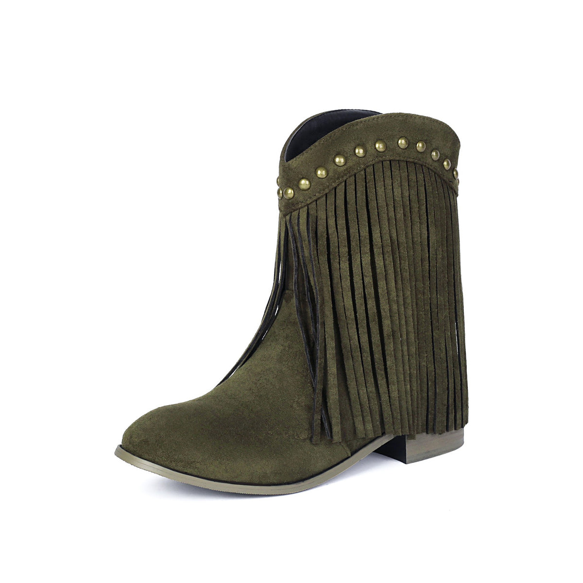 Faux Suede Fringe Low Heel Ankle Boots - Olive