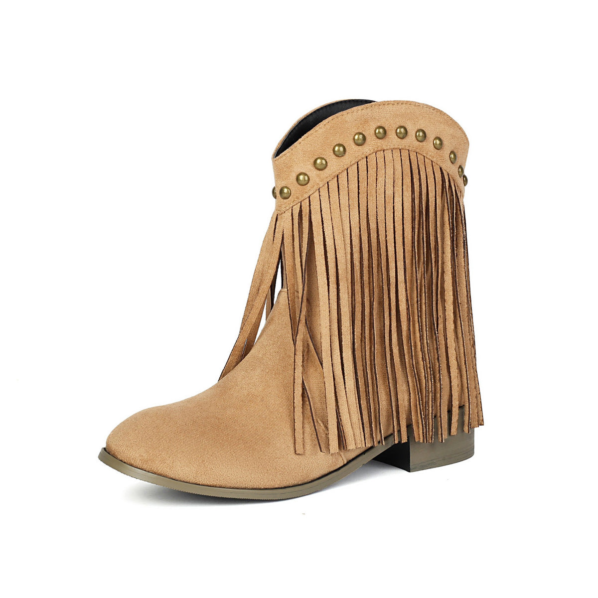 Faux Suede Fringe Low Heel Ankle Boots - Sand