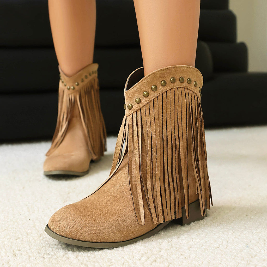 Faux Suede Fringe Low Heel Ankle Boots
