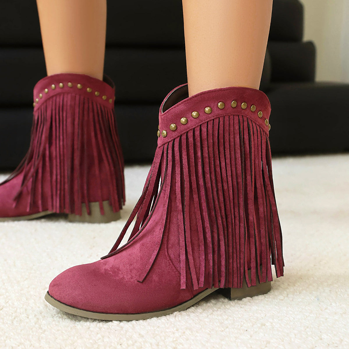 Faux Suede Fringe Low Heel Ankle Boots