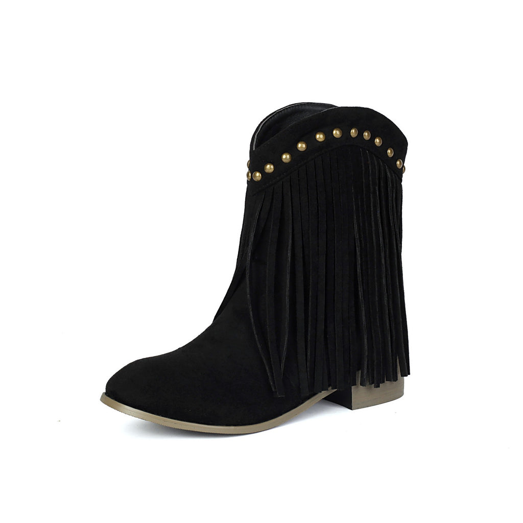 Faux Suede Fringe Low Heel Ankle Boots