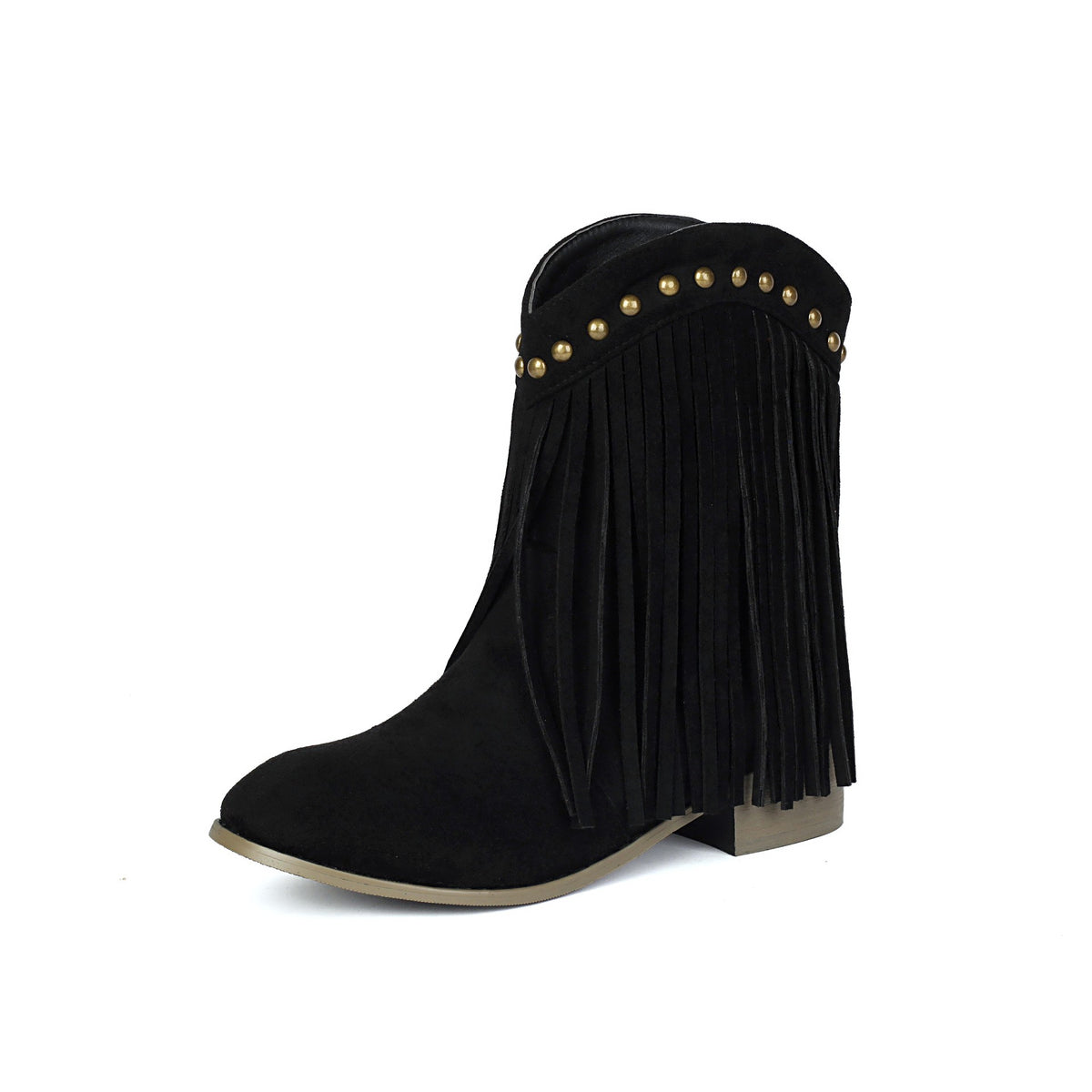Faux Suede Fringe Low Heel Ankle Boots