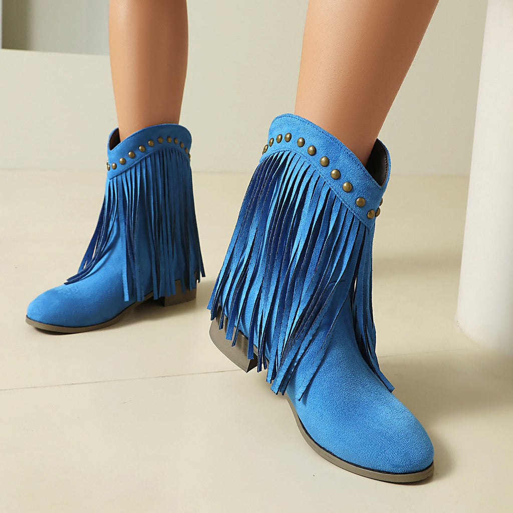 Faux Suede Fringe Low Heel Ankle Boots