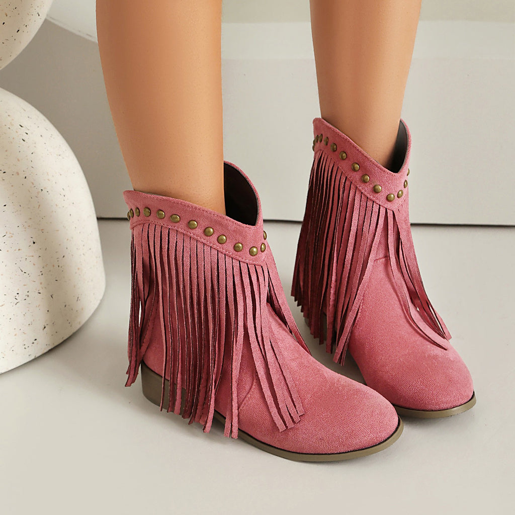 Faux Suede Fringe Low Heel Ankle Boots