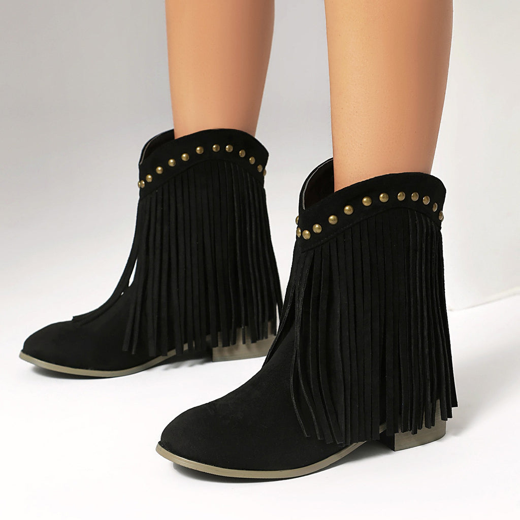 Faux Suede Fringe Low Heel Ankle Boots
