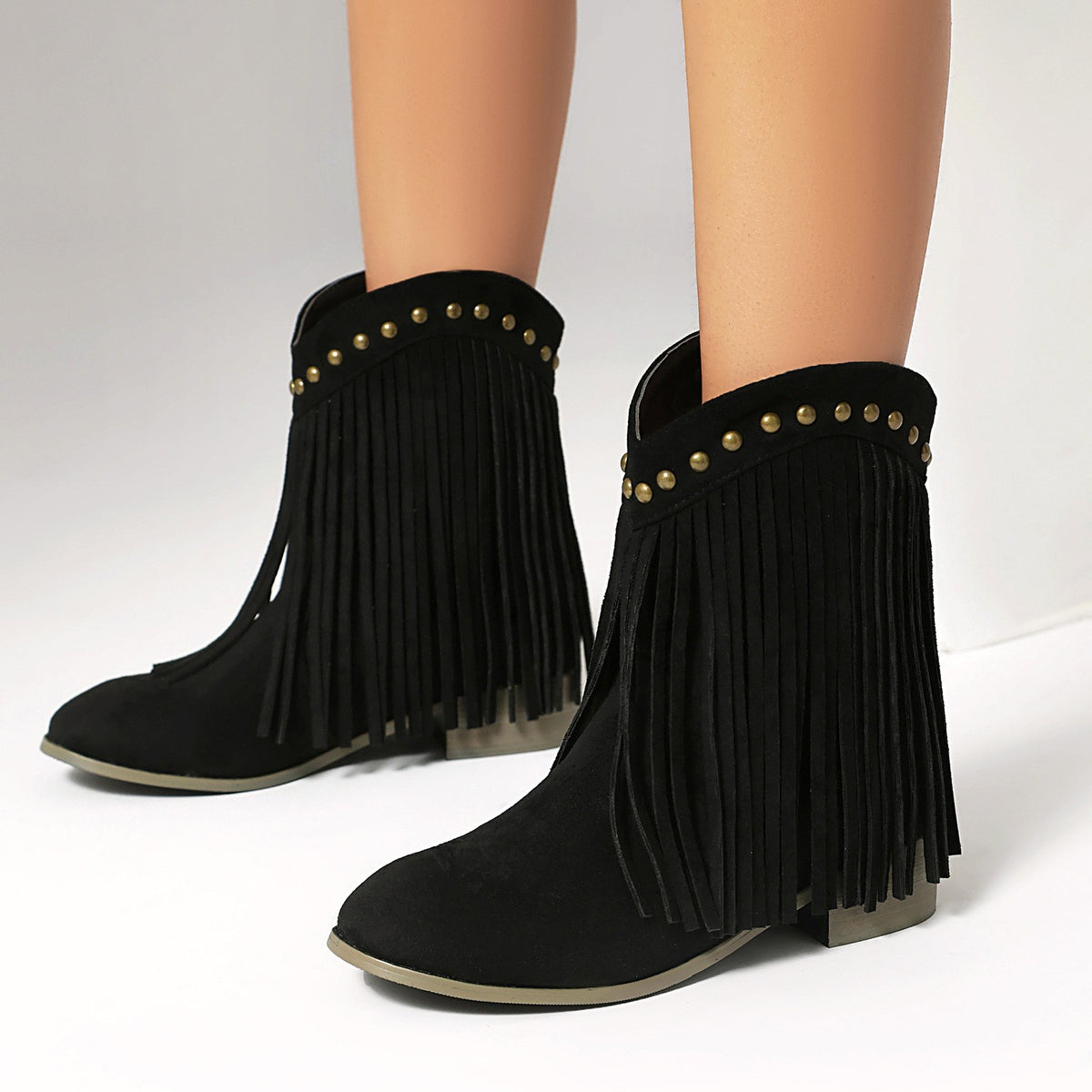 Faux Suede Fringe Low Heel Ankle Boots