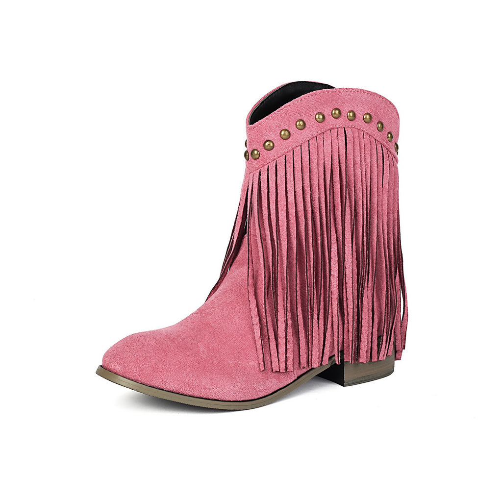 Faux Suede Fringe Low Heel Ankle Boots
