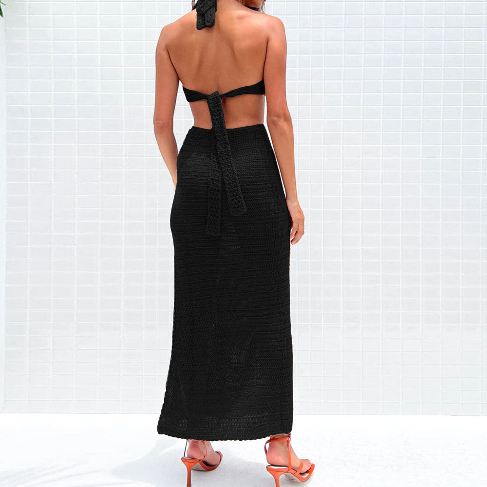 Crochet Knit Halter Maxi Dress With Cutouts - Black - 2