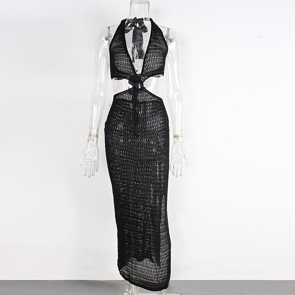 Crochet Knit Halter Maxi Dress With Cutouts - Black - 3