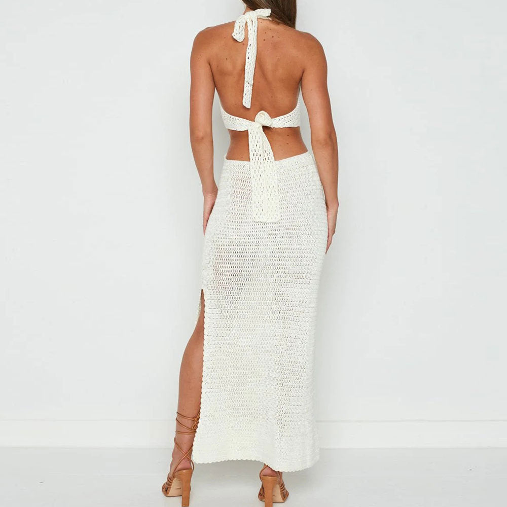 Crochet Knit Halter Maxi Dress With Cutouts - White - 2