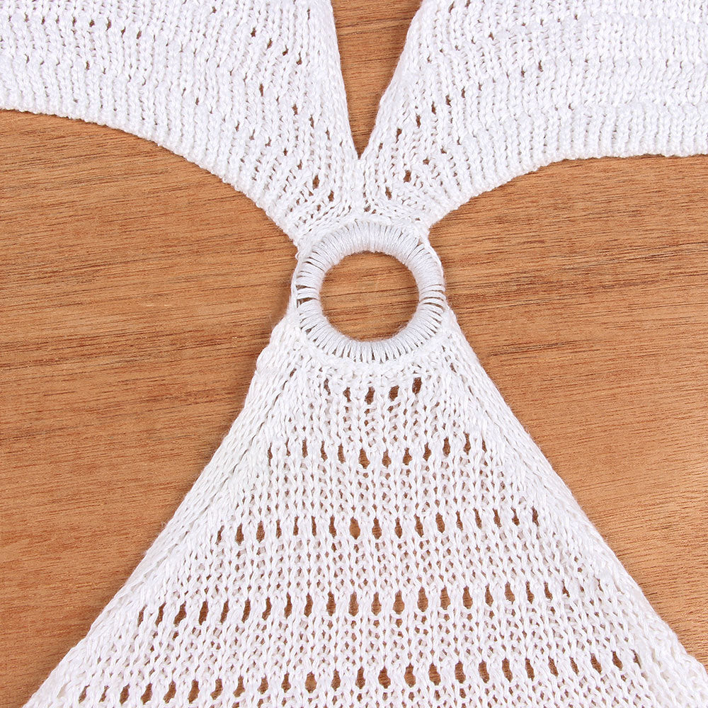 Crochet Knit Halter Maxi Dress With Cutouts - White - 3
