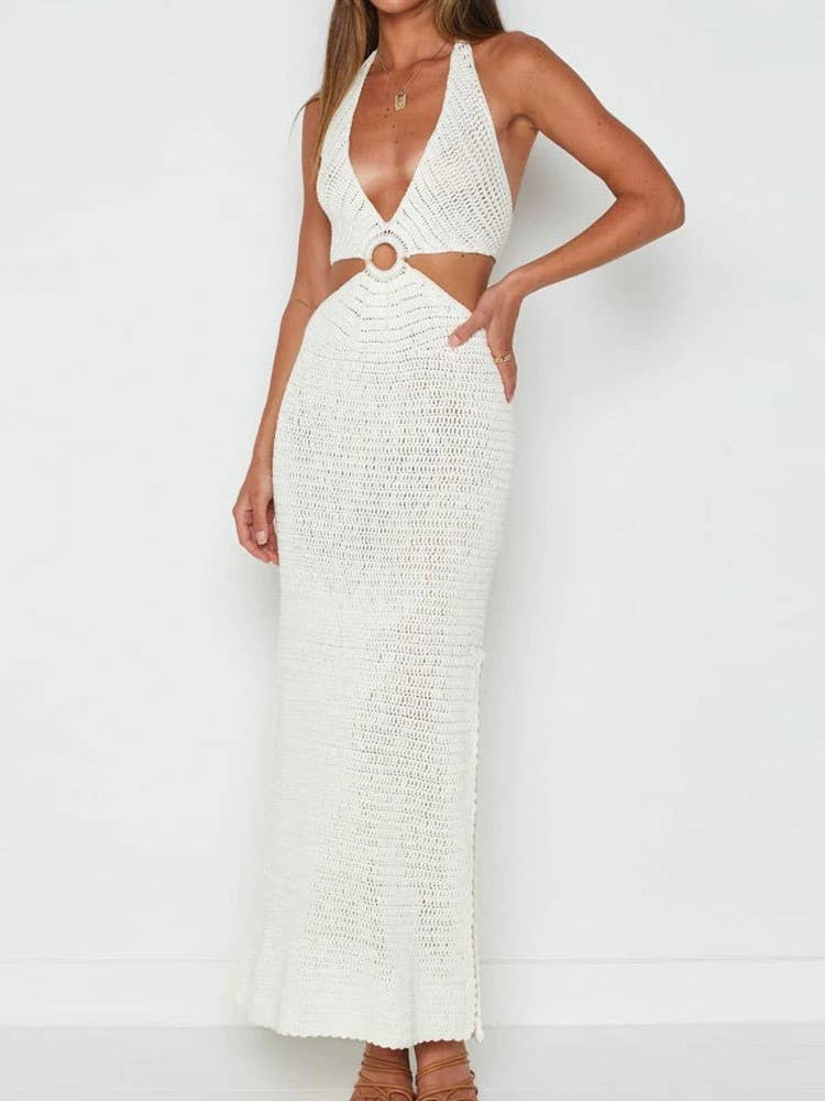 Crochet Knit Halter Maxi Dress With Cutouts