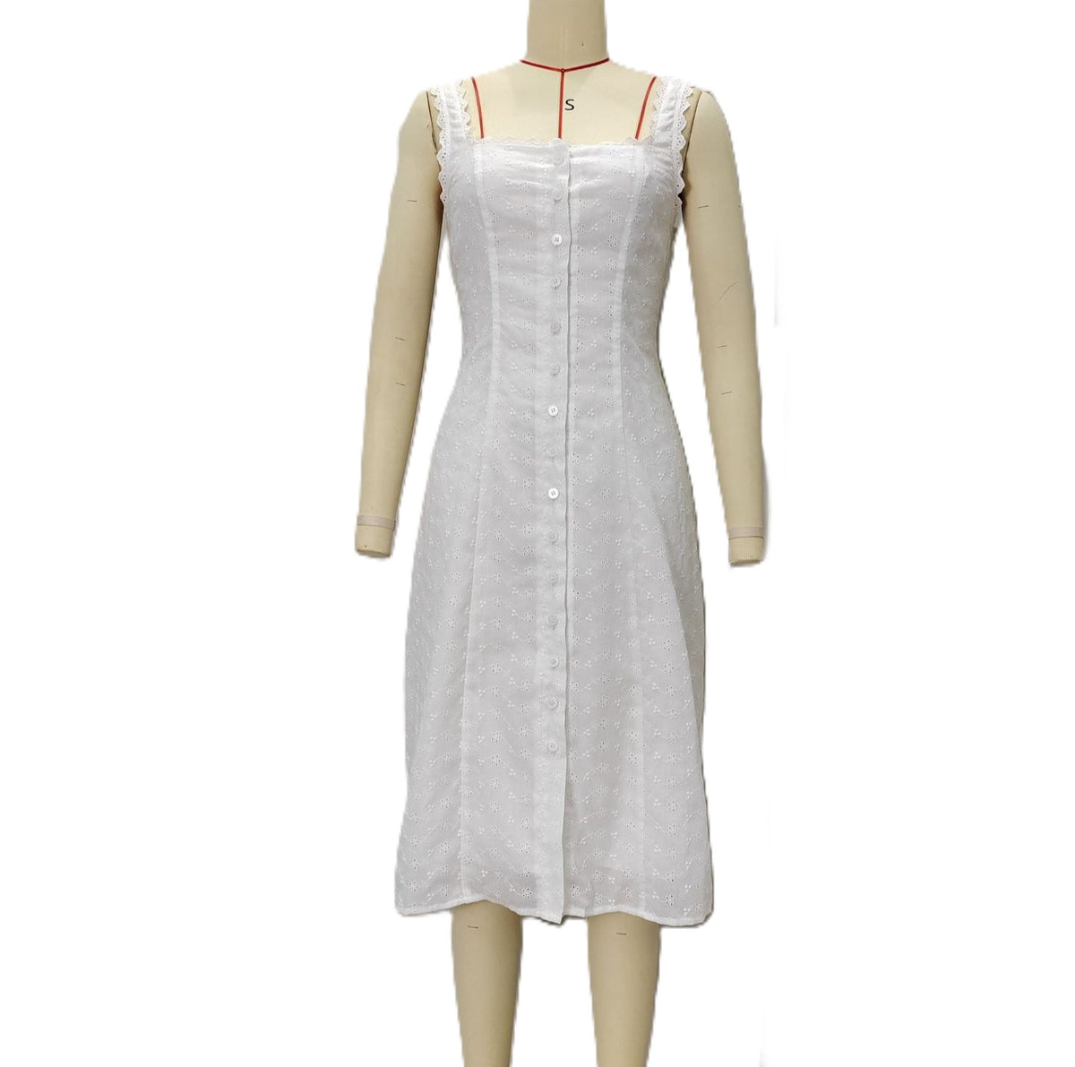 Lace Strap Button Front Midi Dress - White