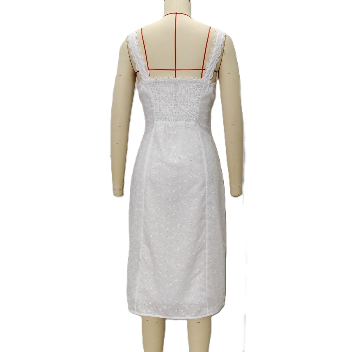 Lace Strap Button Front Midi Dress - White - 1