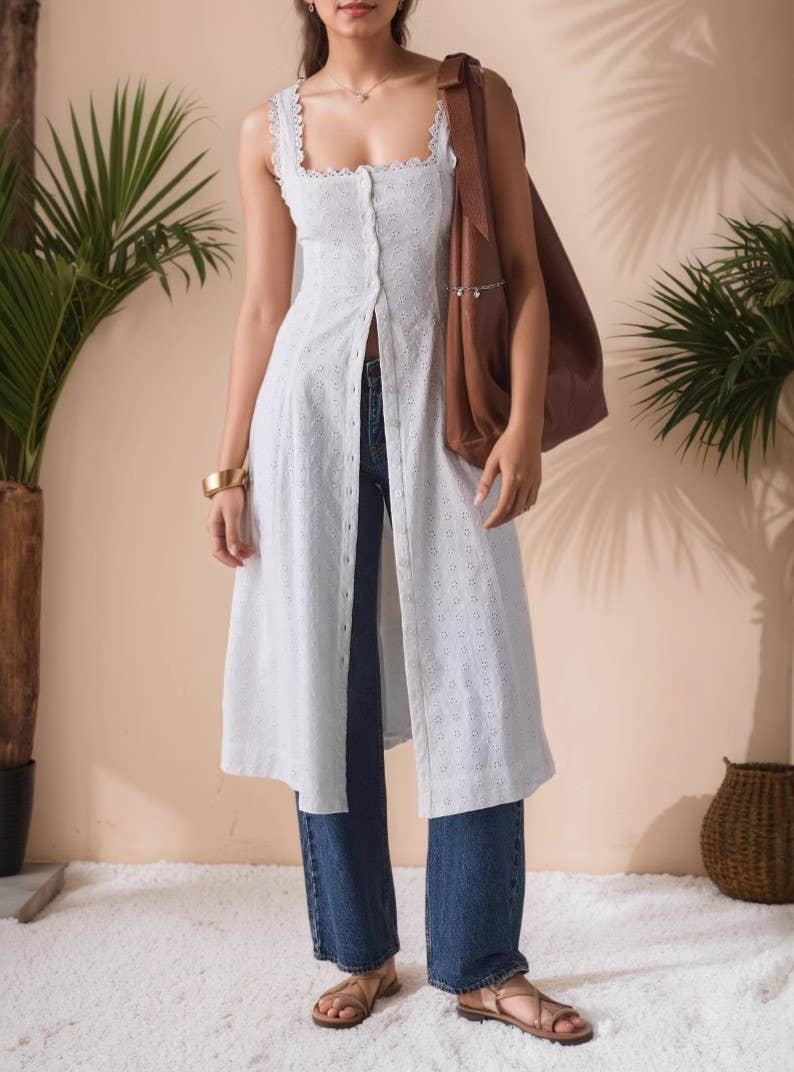 Lace Strap Button Front Midi Dress