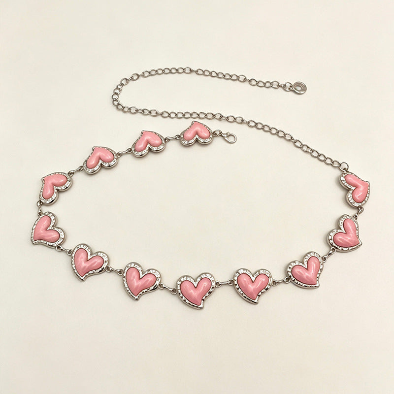 Heart Charm Metal Chain Waist Belt - Pink-1